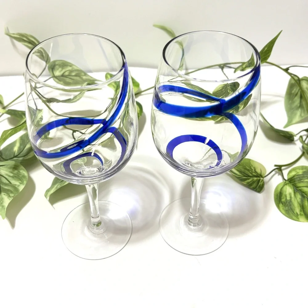 Pier 1 Import Cobalt Blue Swirl Line Wine Goblet Glass 20oz Set of 2 Hand Blown